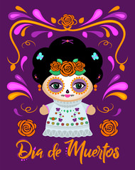 Dia de Muertos, Day of the Dead Spanish text Classic Mexican Catrina Doll and ornaments.