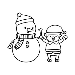 snowman and elf holding hands decoration merry christmas line style