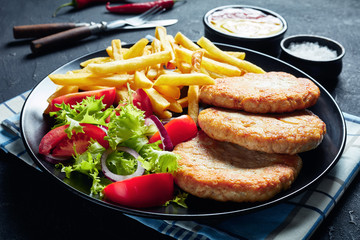 close-up of fried turkey burgers, top view