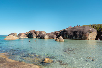 The beautiful and iconic elephant rocks in Denmark, Southern Australia. Shot aerially from a drone. Beautiful blue waters with very large and unique boulders along the coastline. 