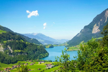 Beautiful scenery of lake and mountain in summer time at Switzerland.