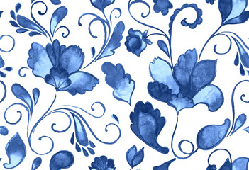 Paisley watercolor floral pattern tile with flowers, flores, tulips, leaves. Oriental traditional hand painted water color whimsical seamless print isolated on white. Abstract indian batik background