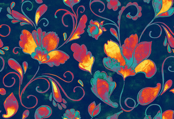 Hand drawn paisley, flower seamless pattern (tiling). Colorful print with turquoise watercolor hand painted flores, paisley and leaves on dark green. For textile design, print, fabric, background.