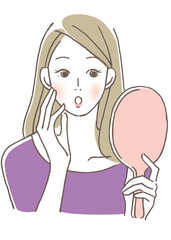 手鏡を見る　女性　驚く