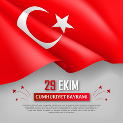 Happy turkish national day festive banner. 29 ekim Cumhuriyet Bayrami. Translation: 29 october, republic day of Turkey country. Background with realistic fluttering turkish flag vector illustration.
