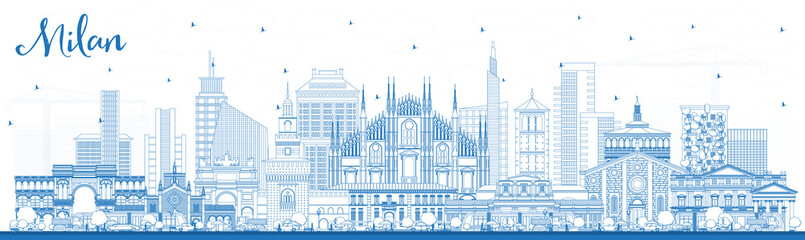 Naklejka premium Zarys panoramę miasta Mediolan Włochy z niebieskimi budynkami.