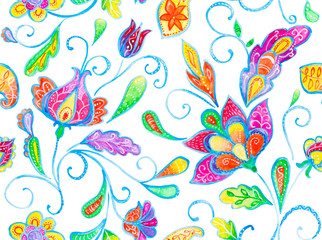 Fototapeta na wymiar Hand drawn flower seamless pattern (tile). Colorful seamless pattern with rainbow whimsical flowers, paisley, buta, lotus. Watercolor seamless pattern for textile. Isolated objects on white background