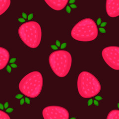 Vector seamless pattern with strawberry on dark red background. Fruit background for package, tablecloth, fabric, wallpaper, textile, web design.