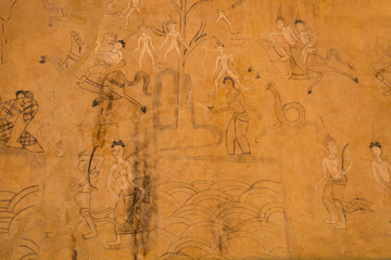 Inside the temple of Wat Ban Sadao (thai name) has many paintings on the life and customs of the ancient, old and beautiful  in Sisaket provice, Thailand.
