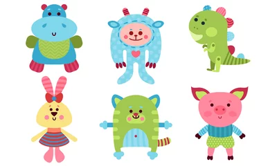 Türaufkleber Roboter Sechs süße Babys Tiere Cartoon Charaktere Bunte Vektor Illustration Set