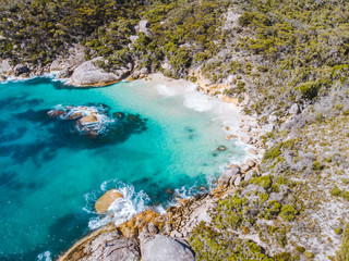 Aerial drone perspective of Little Beach, Albany, Western Australia. This paradise is found in southern Australia with large waves and giant boulders