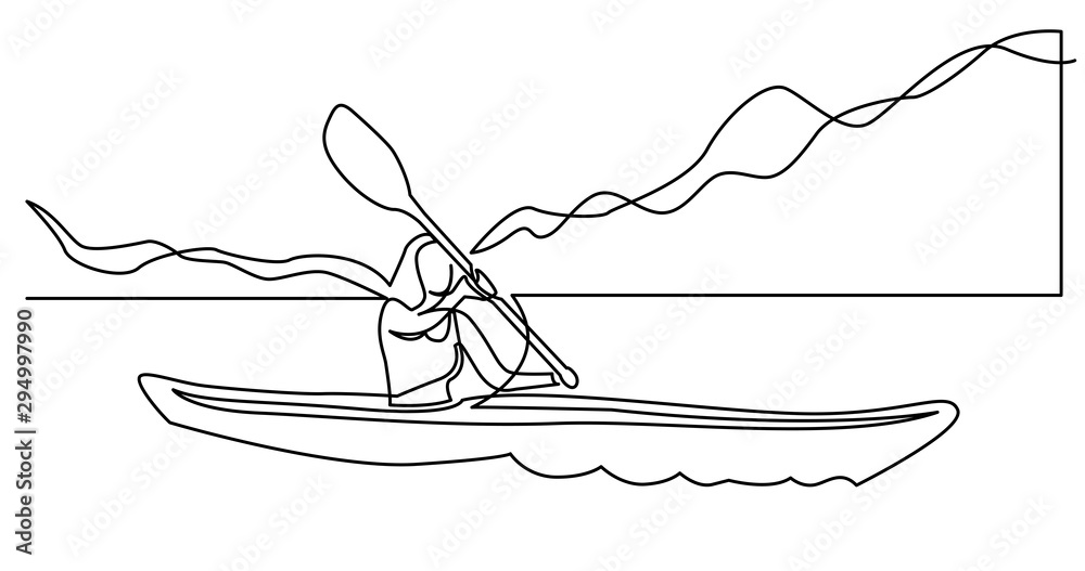 Wall mural continuous line drawing of young healthy woman kayaking on mountain lake