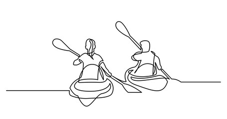 continuous line drawing of man and woman kayaking on beautiful lake waters - obrazy, fototapety, plakaty