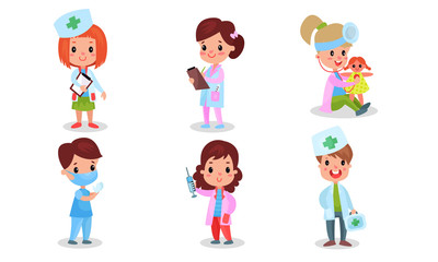 Surgeon, Pediatrician, Therapist, Nurse And Other Medical Professions Pictured By Kids In Costumes With A Green Cross In Vector Illustration Set