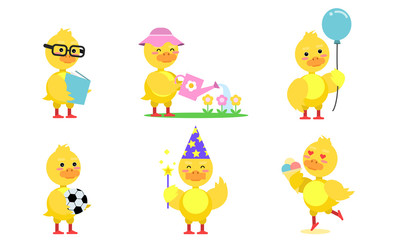 Six Cute Chicken At Different Job Cartoon Character Vector Illustration Set