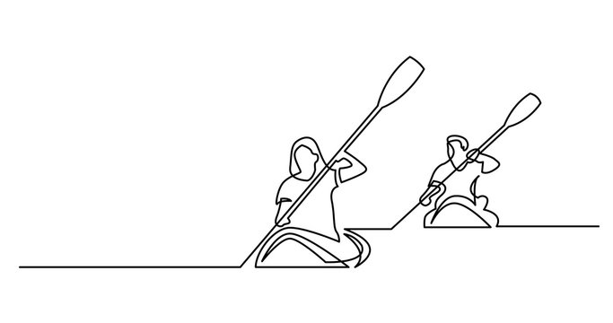 Continuous Line Drawing Of Man And Woman Exercising Kayaking On Beautiful Lake Waters