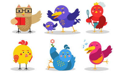 Different Kinds And Colors Of Baby Birds In Action Vector Illustrations Set Cartoon Character