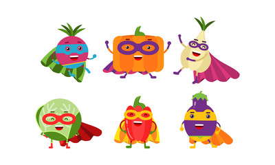 Naklejka premium Cute Animated Vegetables In Different Poses Cartoon Character Vector Illustration