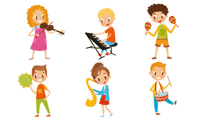 Kid Characters Playing Different Musical Instruments. Boy Playing Drums And Piano.