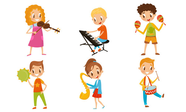 Kid Characters Playing Different Musical Instruments. Boy Playing Drums And Piano.