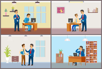 Work in office daily routine, boss and employee. Worker control and good job, working task and phone negotiations, interior vector illustrations.