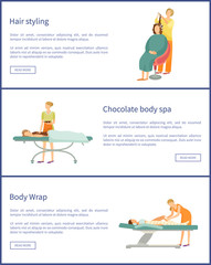 Hair styling and hairdresser posters set with text sample and people working with clients vector. Chocolate body spa procedure wrap of legs by expert