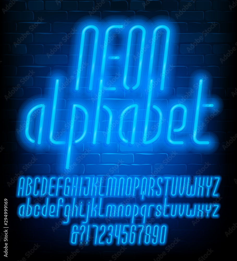 Fototapete neon alphabet font. uppercase and lowercase narrow letters. blue neon light letters and numbers. bri