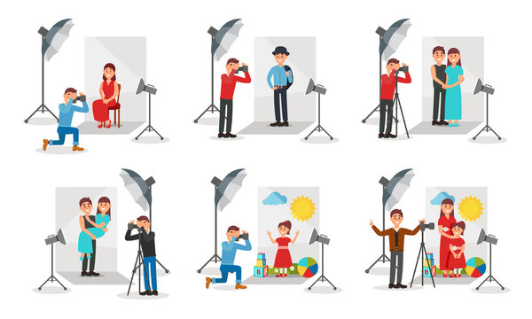 Photographer With Camera Photographing People Vector Illustration