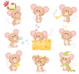Cute Funny Mouse Collection. Small Character Doing Different Activities