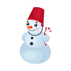 Funny Cartoon Snowman With Carrot Nose And Bright Red Bucket