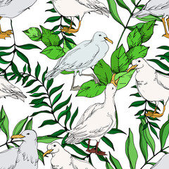 Vector Sky bird seagull in a wildlife. Black and white engraved ink art. Seamless background pattern.