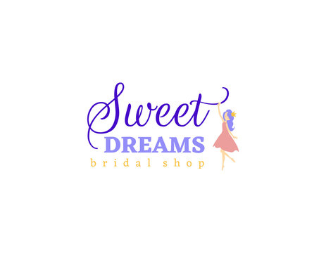 Logotype Sweet Dreams with fairy princess silhouette on white background. Color vector illustration for logo bridal shop, kids fashion, invitation, decor.