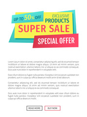 Super sale for exclusive products special offer catchphrase on tape. Shop or store advertising or promotion specific product squeeze or landing page.