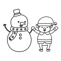 snowman and elf holding hands decoration merry christmas line style