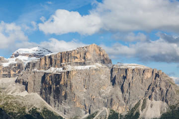 snow-capped Sella group in Dolomites with Piz Boe mountain summit