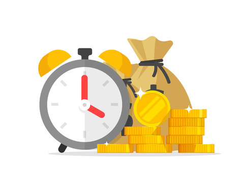 Time and money savings vector illustration, flat cartoon timer or alarm clock with lots of cash, financial waiting or transaction payment deadline, time save success