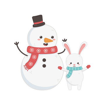 cute snowman and rabbit with scarf and hat merry christmas