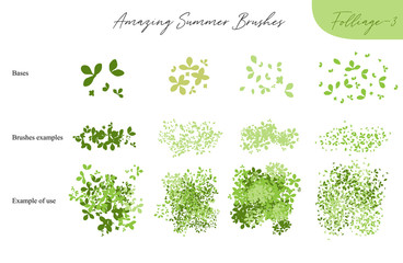 Set of summer vector foliage ecology brushes - silhouettes of summer leaves, foliage of trees, different greenery types isolated on white, vector illustration brush nature collection