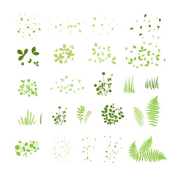 Set of silhouettes of summer grass, leaves, foliage of trees, different greenery types isolated on white, vector illustration collection