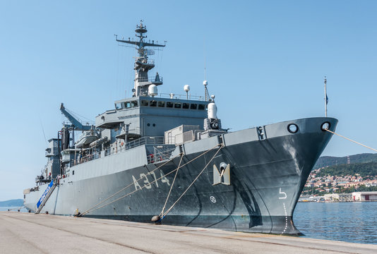Trieste ,Italy, August 8, 2017: Hs Prometheus A-374 General Support Ship Etna type. Is an auxiliary ship, moored at pier of the Trieste Commercial Sea Port.