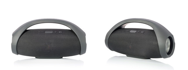 Black wireless portable bluetooth speaker, Mobile speaker isolated on white