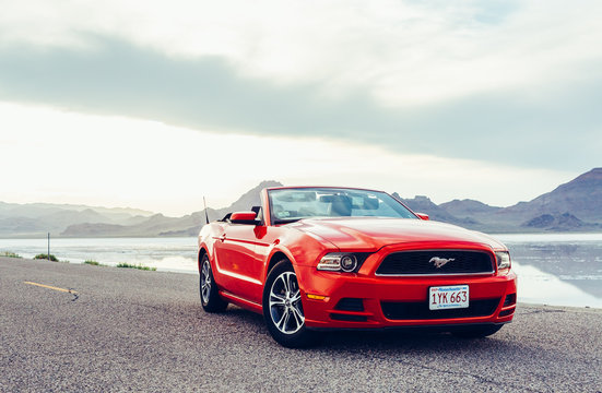 BONNEVILLE ,UTAH, USA JUNE 4, 2015: Photo of a Ford Mustang Convertible 2012 version at Bonneville Salt Flats,Utah,USA. The fifth generation began with the 2005 model year to 2014.