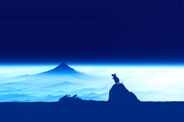 富士山の夜明けとネズミのシルエット