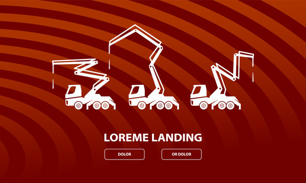 Concrete pump trucks set and different work positions. Construction machinery illustration for landing page template.