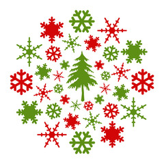 Christmas Tree Snow Flakes Red Green Circular