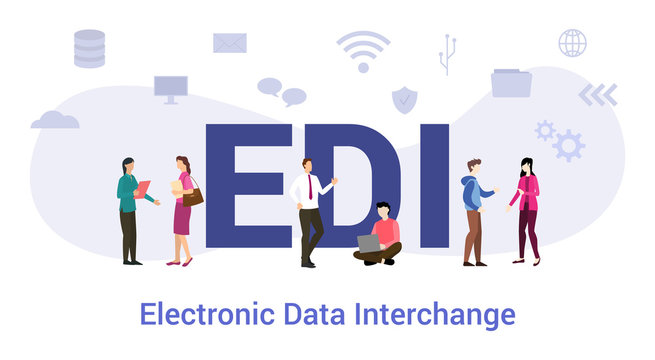 edi electronic data interchange concept with big word or text and team people with modern flat style - vector
