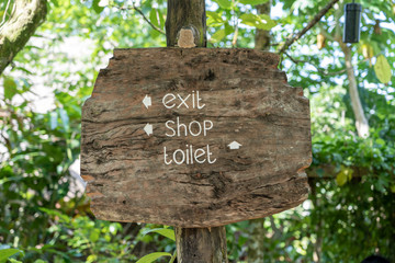 Text exit, shop and toilet on a wooden board in a rainforest jungle of tropical Bali island, Indonesia. Exit, shop and toilet wooden sign inscription in the asian tropics