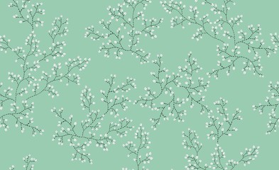 Seamless vector print with flowers. Green background color.
