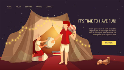 Web page design for Happy family, Childhood, Pajama party, Cozy. Children play a fight with pillows in a tent. Vector illustration for poster, banner and website development.