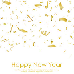 Happy New Year or Christmas card with confetti on white. Vector